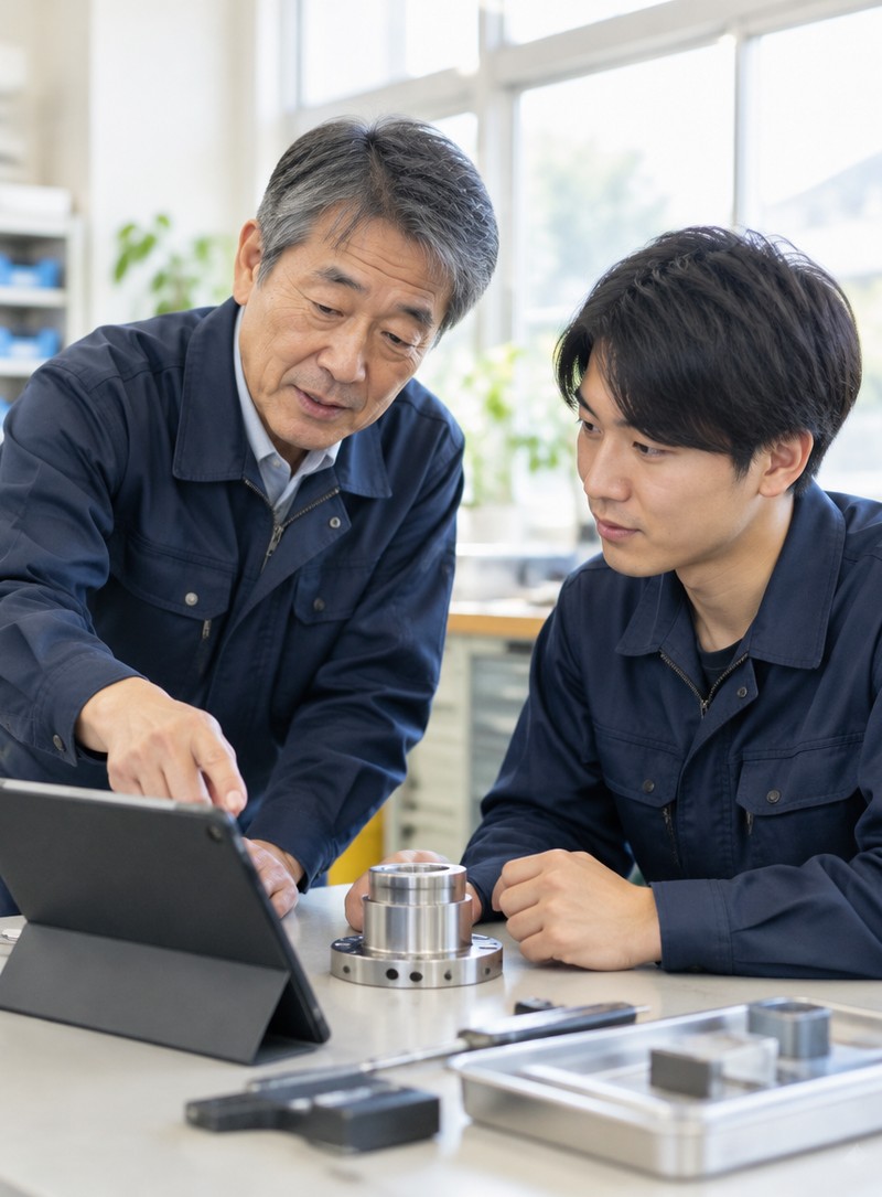 ベテランが若手に技能を伝えるイメージ（AI生成）
